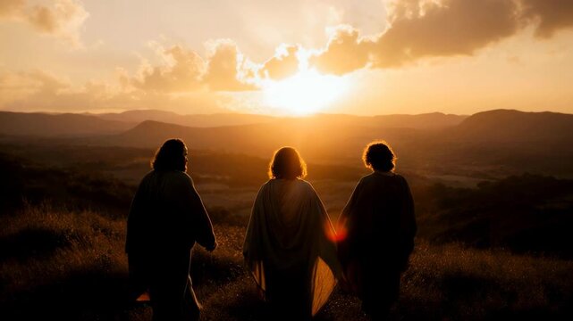Three biblical figures standing on a hill at sunset. Men in robes looking over a valley in ancient Israel. Spiritual concept