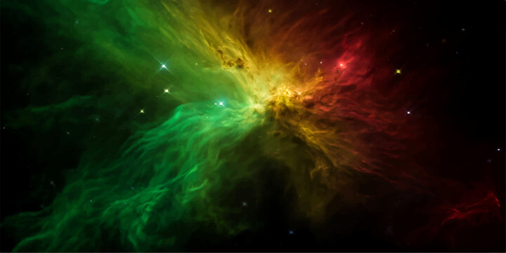 A vibrant nebula creates an abstract space background featuring a fractal galaxy pattern with glowing stars and blue fire textures across a dark fantasy universe