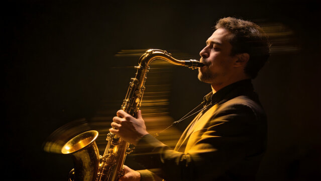 Man playing saxophone in spotlight