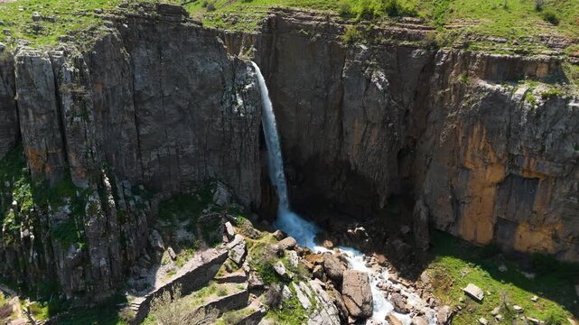 Drone view of a waterfall in a rocky landscape in Faraya Lebanon with natural outdoor environment