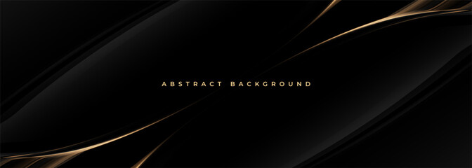 Naklejka premium Black gold abstract background with flowing curves, smooth gradient ribbons and metallic shimmer deep shadows and glossy highlights create premium mood, ideal forlux branding corporate.