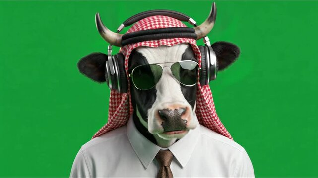 Cool Cow Wearing Headphones and Sunglasses with Keffiyeh.