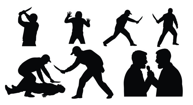 Silhouetted figures depicting various dangerous actions including fighting, threats, and assault with weapons