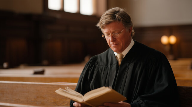 Candid moment of small claims court judge reviewing litigant-submitted evidence folder at bench during informal hearing, reading glasses perched low, courtroom gallery empty except for ceiling fans 
