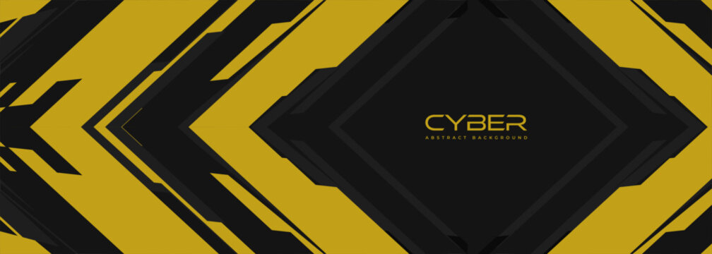 Dark yellow cyber geometric abstract background, layered angular chevrons, glossy black panels, metallic textures, high contrast lighting, central CYBER label, futuristic interface mood, sleek minimal
