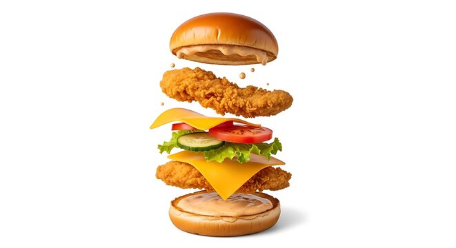 Exploded view of a chicken burger with cheese and fresh toppings