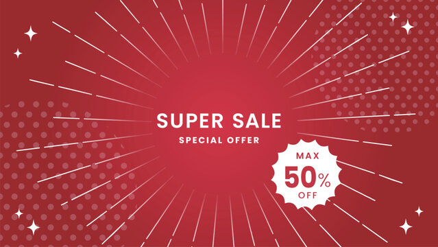 Super Sale Red Background with Radial Burst and Discount Label 赤い放射線のセール背景と割引ラベル