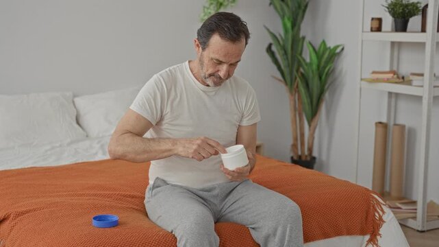 Man applying cream to forearm and rubbing hands while seated on bed with open lotion jar and blue lid in studio; comfort care.