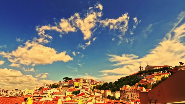 Lisbon old town viewpoint over rooftops. Skyline cityscape time lapse facing Alfama, Graca, Anjos and Martim Moniz neighbourhoods. Historic centre terracotta roofs. Portugal time-lapse live cam, sepia
