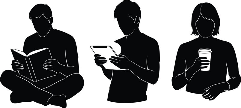 Three people reading different materials illustration