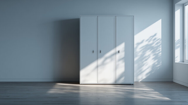 Modern empty room with free standing wardrobe on white background.