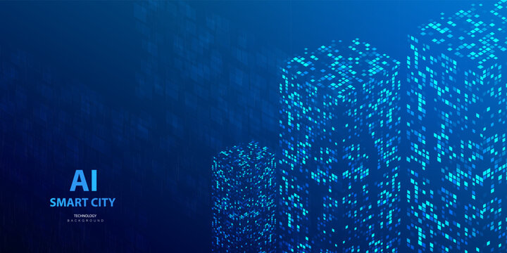 Smart city isometric technology background. Future ai neon particle buildings in blue vector. Digital futuristic intelligence high tech city design banner.