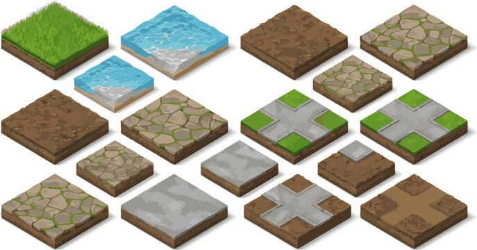 Create a realistic Set of isometric landscape design tiles with different surfaces - grass, water, dirt, stone, pavement and parts for creating path vector art with white background.