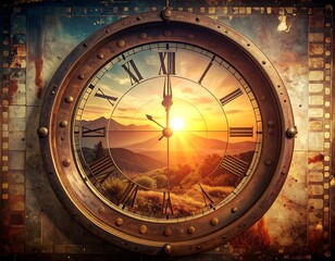 Fototapeta premium Vintage clock face with sunset landscape.