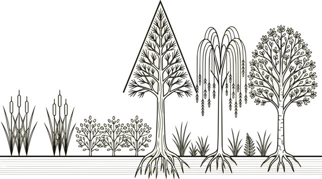 Create a realistic Architectural Drawings, Minimal style cad tree line drawing, Side view, set of section wetland forest outline for landscape design drawing. Vector art.