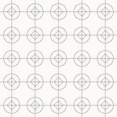 Obraz premium Circular nodes with square centers seamless pattern in minimal line design, geometric, abstract, symmetry, repeating, clean, grid vector