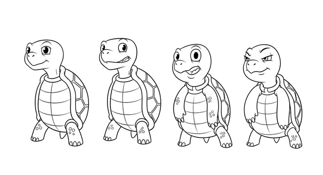 Four cartoon turtles with different facial expressions walking in a line on a white background