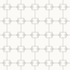 Obraz premium Square nodes with side circles connected in grid seamless pattern in minimal line design, geometric symmetry repeating vector