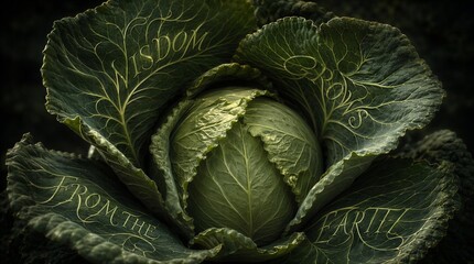 Fototapeta premium Organic Cabbage with Wisdom Grows From The Earth Text, Deep Green Leaves, Natural Growth Concept with space for text