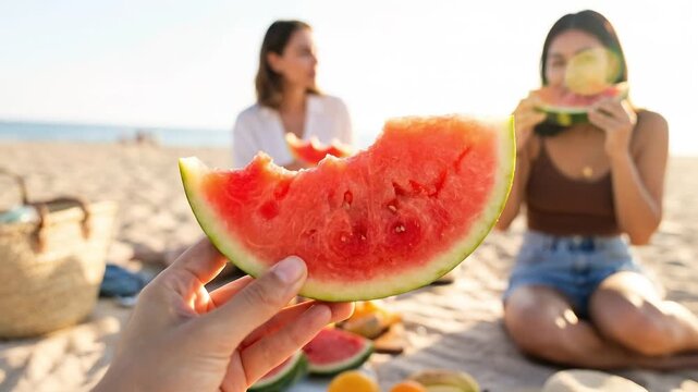 Fruit Snacks Concept: Sliced watermelon being enjoyed at beach picnic
