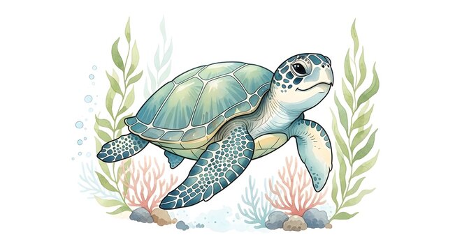 A colorful sea turtle swims through coral and seaweed in the ocean with a serene underwater scene