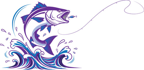 Obraz premium Large purple fish jumping out of water with fishing line and hook