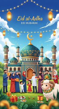 Ilustrasi digital vertikal bertema Eid al-Adha, menampilkan masjid megah bergaya islami dengan kubah besar biru turquoise berhias ornamen emas, beberapa menara tinggi simetris, pintu utama bercahaya e