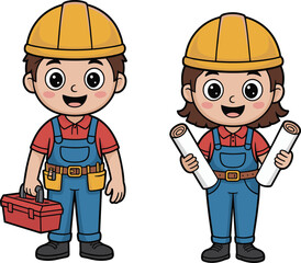 Fototapeta premium cartoon construction workers characters engineer builder tools blueprint helmet safety industry illustration cute design maintenance repair project