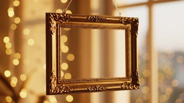 ornate golden picture frame hanging in front of soft bokeh lights and window, ideal for displaying memories or artwork