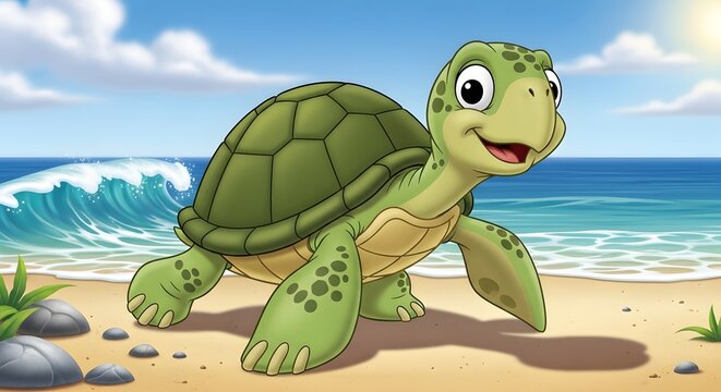 A cheerful cartoon turtle walks on a sunny beach with a blue ocean background, conveying a joyful and carefree mood