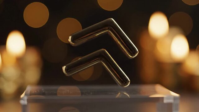 gold double chevron arrows icon on a clear podium with bokeh background, representing upward progress, success, and goals achievement