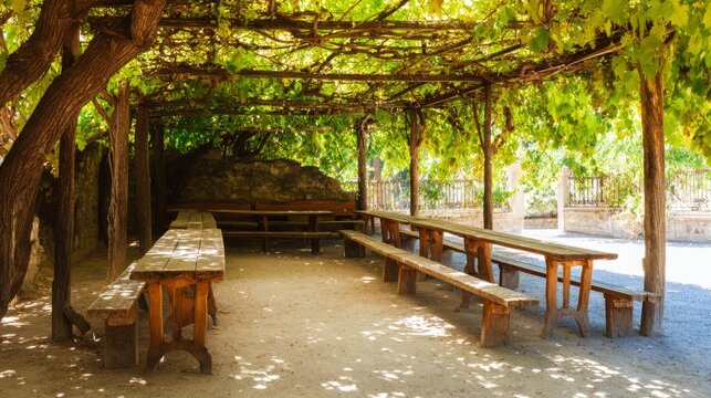 trellis. Resting space under grapevines with dappled sunlight and rustic atmosphere. lifestyle magazines, social media lookbooks, designed for lifestyle magazines and social media content.

