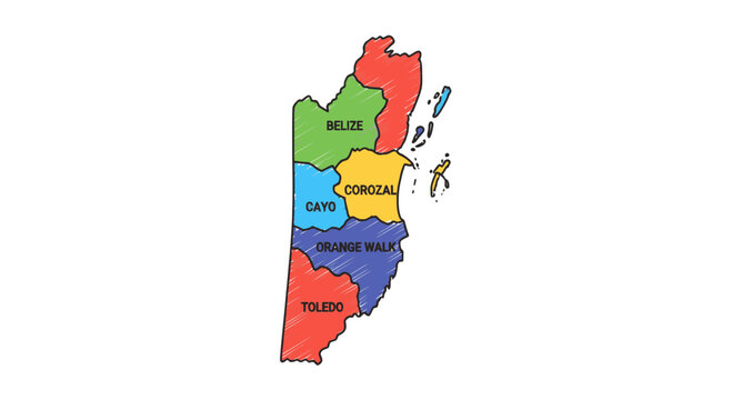 Belize Map Illustration with Districts Labeled, Colorful Regions, Copy Space