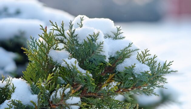 Nahaufnahme Von Chinesischem Wacholder Juniperus Chinensis Mit Einer Schneeschicht Im Winter