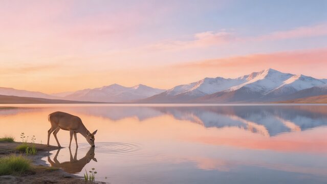 Deer drinking water near mountain lake