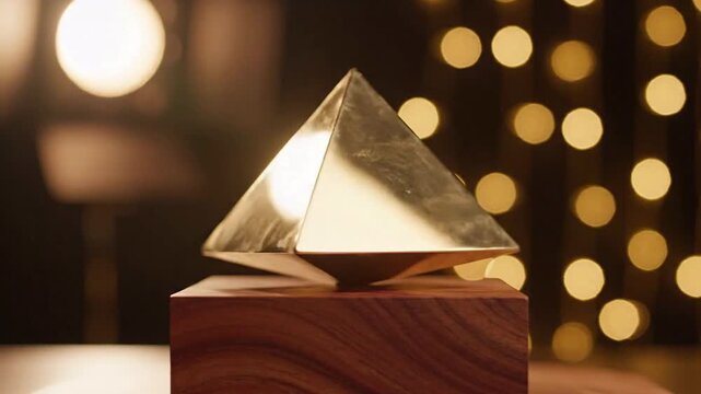 Golden pyramid award trophy on a wooden base, celebrating achievement and success, with soft bokeh lights in the background, symbolizing excellence