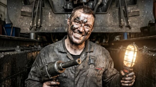 Dirty man smiling with impact wrench and lantern in gritty workshop. Joyful mechanic expressing happiness in industrial labor environment.