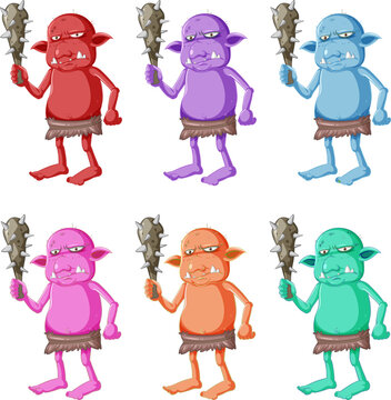 Colorful cartoon troll characters, six fantasy creatures, holding clubs, vibrant vector icons