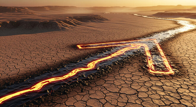 Lava-like river glowing and flowing through a dry, cracked desert landscape at sunset, forming an arrow shape.