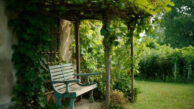 trellis. Resting space under grapevines with dappled sunlight and rustic atmosphere. lifestyle magazines, social media lookbooks, designed for lifestyle magazines and social media content.

