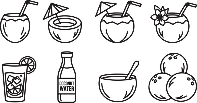 Colorful tropical coconut drinks with cute faces and straws Vector