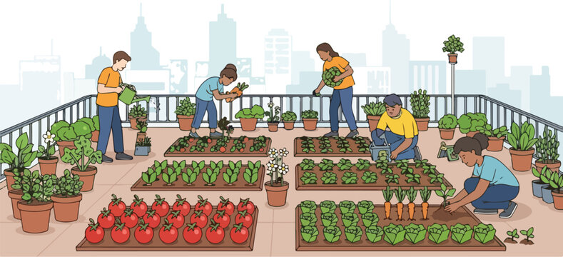 People gardening plants on a rooftop with city view