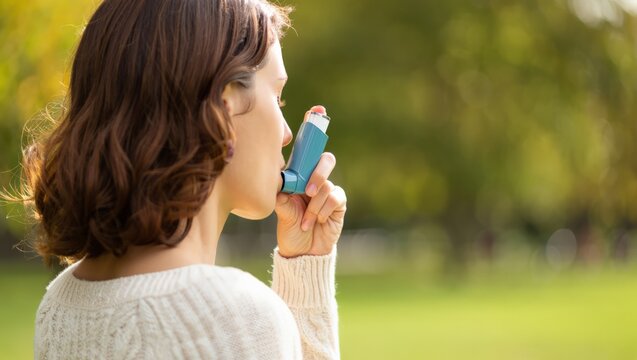 A woman uses an inhaler in a park, showcasing a moment of health and wellness in a serene outdoor setting.