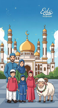 Ilustrasi kartun digital vertikal bertema Eid Mubarak, menampilkan keluarga Muslim bahagia terdiri dari ayah, ibu, dua anak perempuan, dan satu anak laki-laki berdiri bersama sambil berpose di depan m