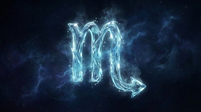 Shimmering Scorpio symbol floats in deep space. Neon blue glow pulses with cosmic energy. Starfield swirls behind the mystical icon. Dark void frames the glowing constellation. Perfect for astrology