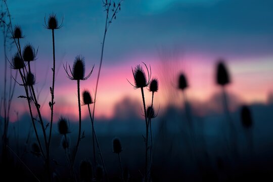Silhouetted teasel plants stand prominently against a vibrant, colorful sunset sky, creating a striking and moody landscape scene.