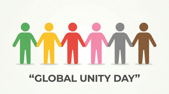 Global unity day concept with diverse colorful human figures holding hands representing inclusion equality diversity and community support for social awareness banner design