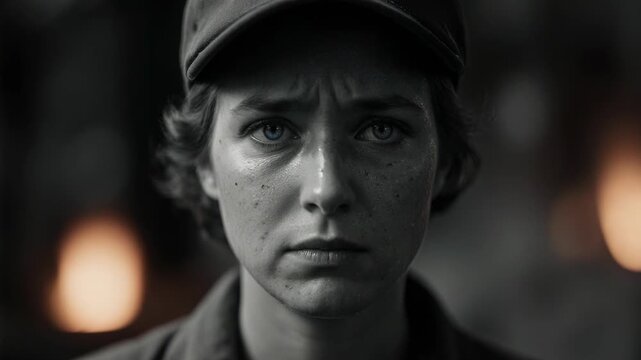 Close-up portrait of a tired female factory worker with a dirty face opening her eyes. Vintage historical concept of women's labor and industry during the First and Second World War