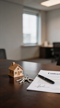 A contract and house keys on a table in a modern office setting with a small wooden house model, representing a real estate sale or purchase agreement.
