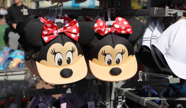 Minnie Mouse ear hats for sale at outdoor store. Travel. Disney parks